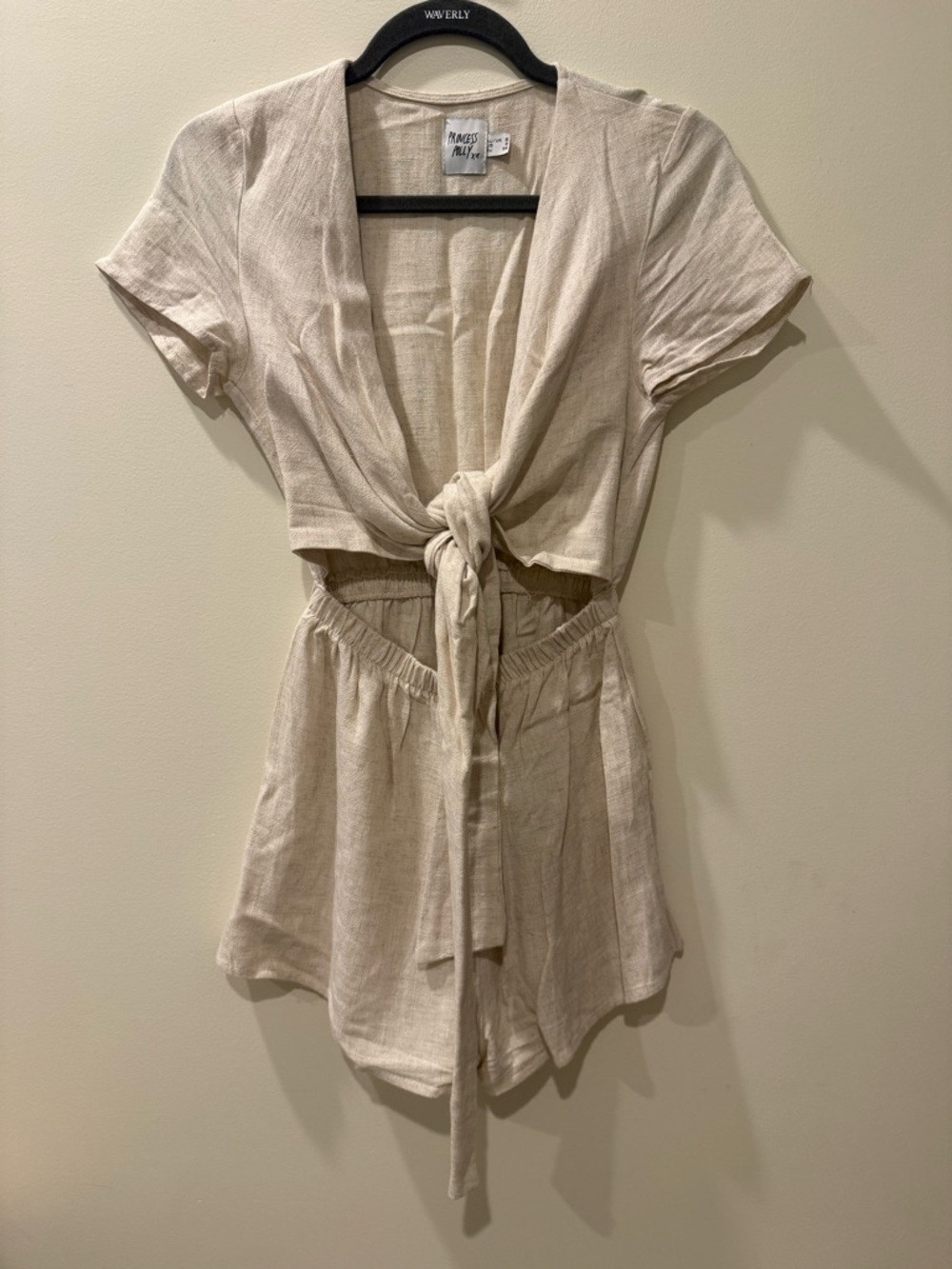 Princess Polly Beige Tie-Front Linen Romper